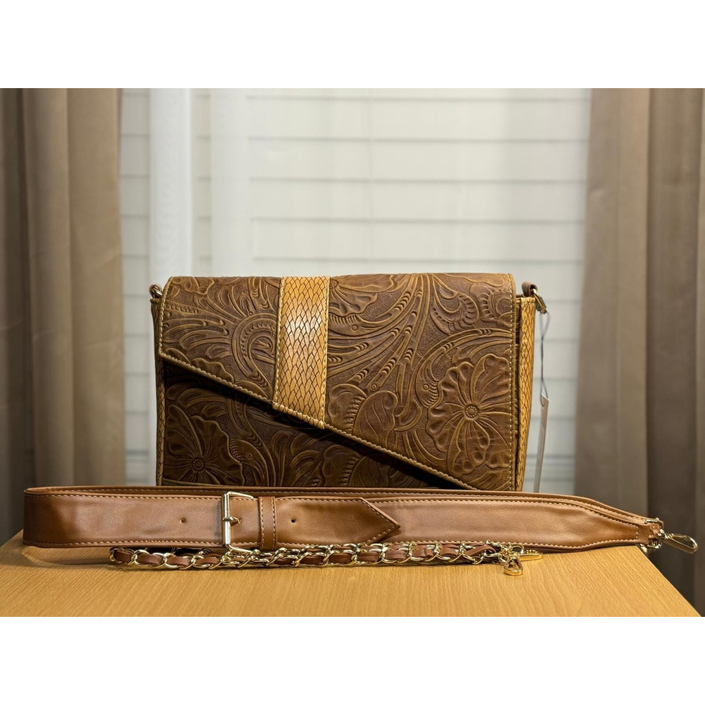 2 Straps Hazelnut Brown Embossed Tooled Artisan LEATHER Crossbody Purse Bolsa - Picture 9 of 16